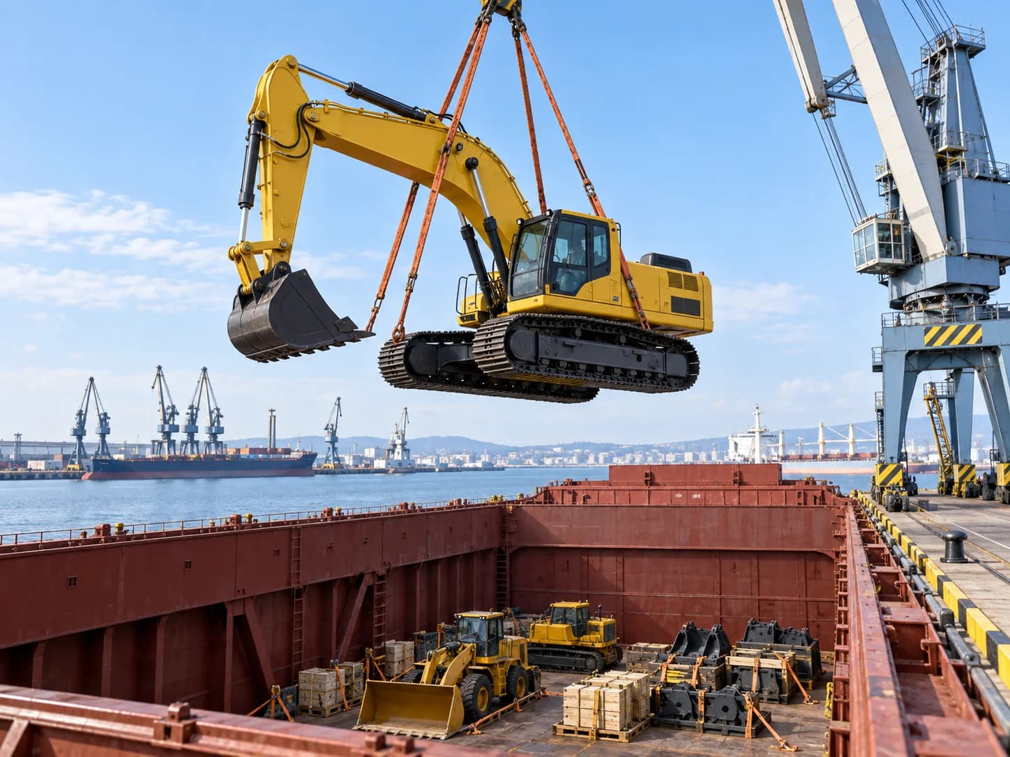 Excavator lifted by crane into a bulk cargo vessel