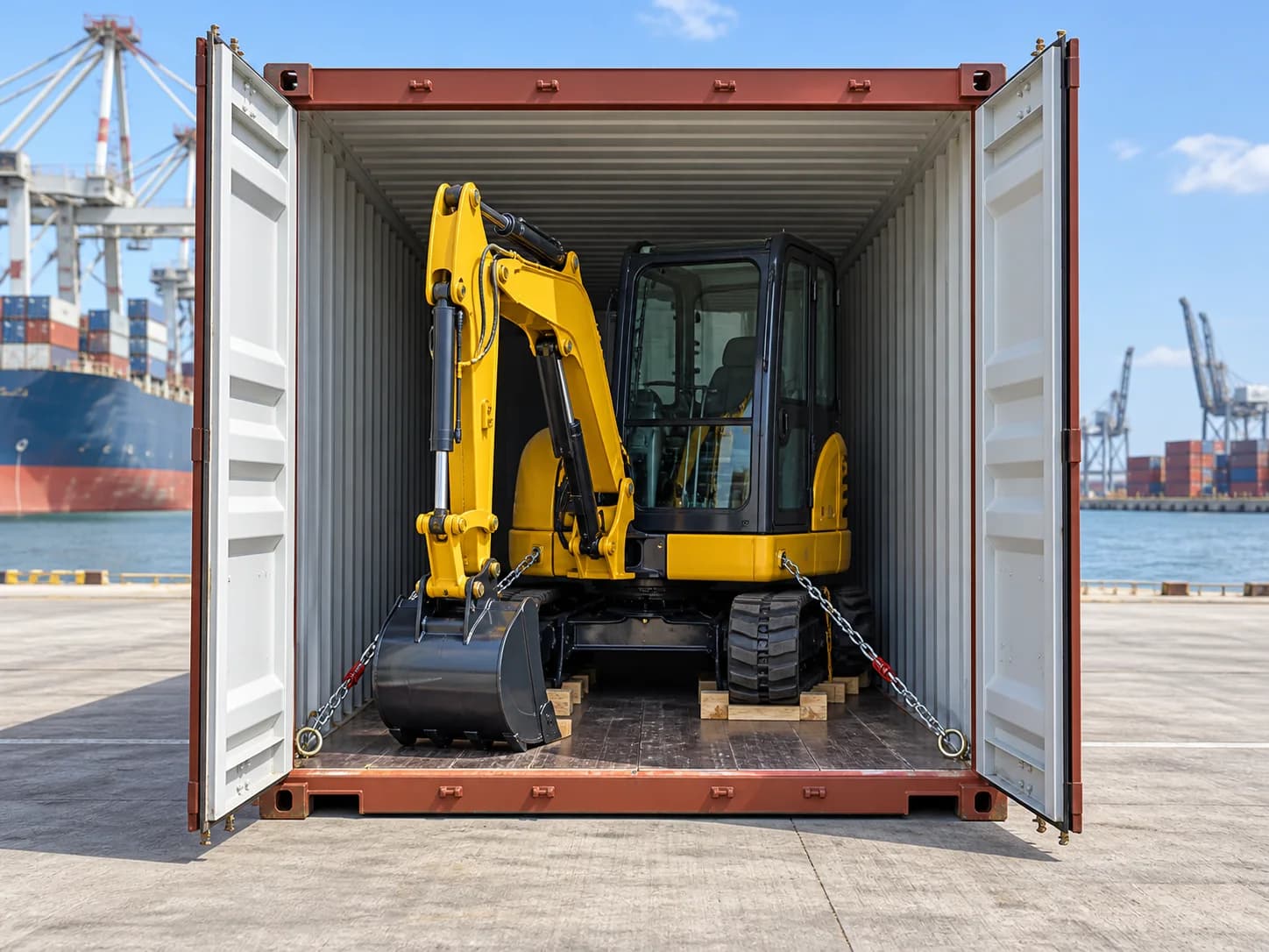 Compact excavator secured inside a shipping container