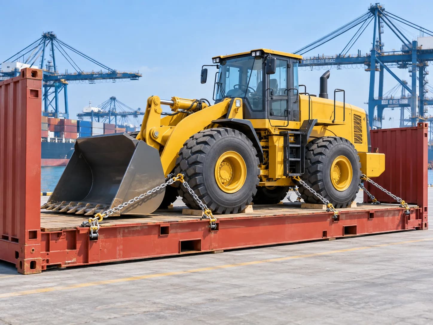 Wheel loader secured on an open flat rack platform