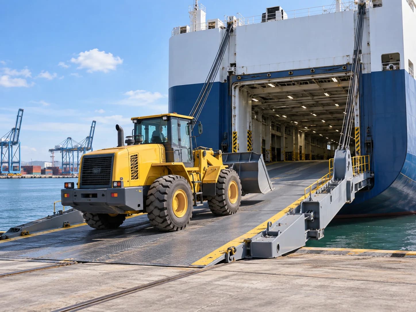 Wheel loader driving up a RoRo vessel ramp